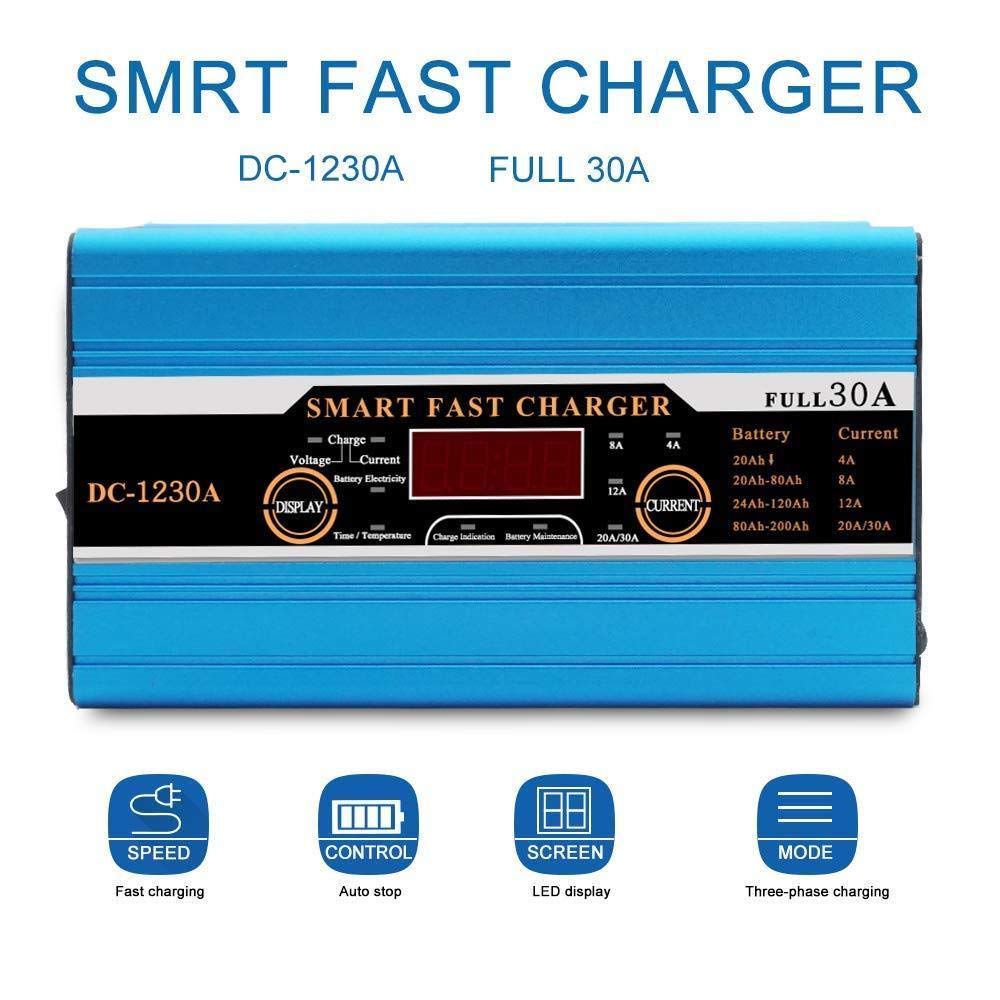 Riloer Cargador de batería, cargador de batería inteligente de 12 V 30 A, carga rápida, pantalla LCD para caravana, autocaravana, barco, coche, motocicleta