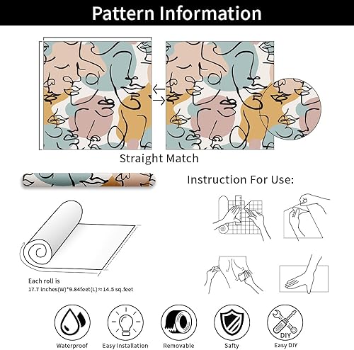 Miniatura 4 de Papel tapiz autoadhesivo removible de 17.71 x 118.1 pulgadas, diseño abstracto colorido de cara humana, papel de contacto, impermeable, decorativo,