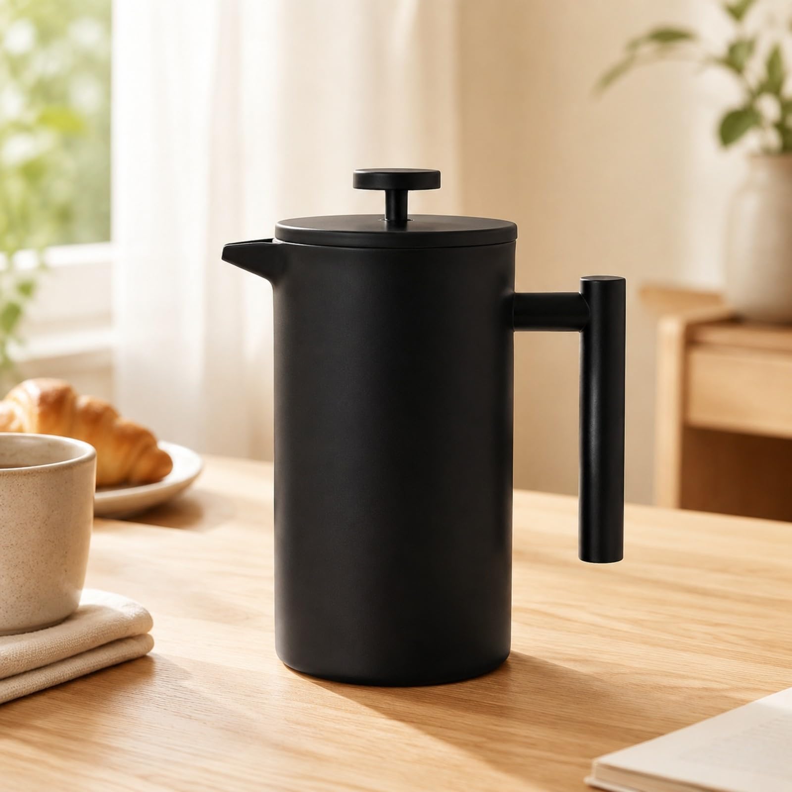 Presse Française En Acier Inoxydable Noir Durables Cafetière à Piston En Acier Inoxydable Portable Presse à Café Cylindrique avec Couvercle, 1000ML A