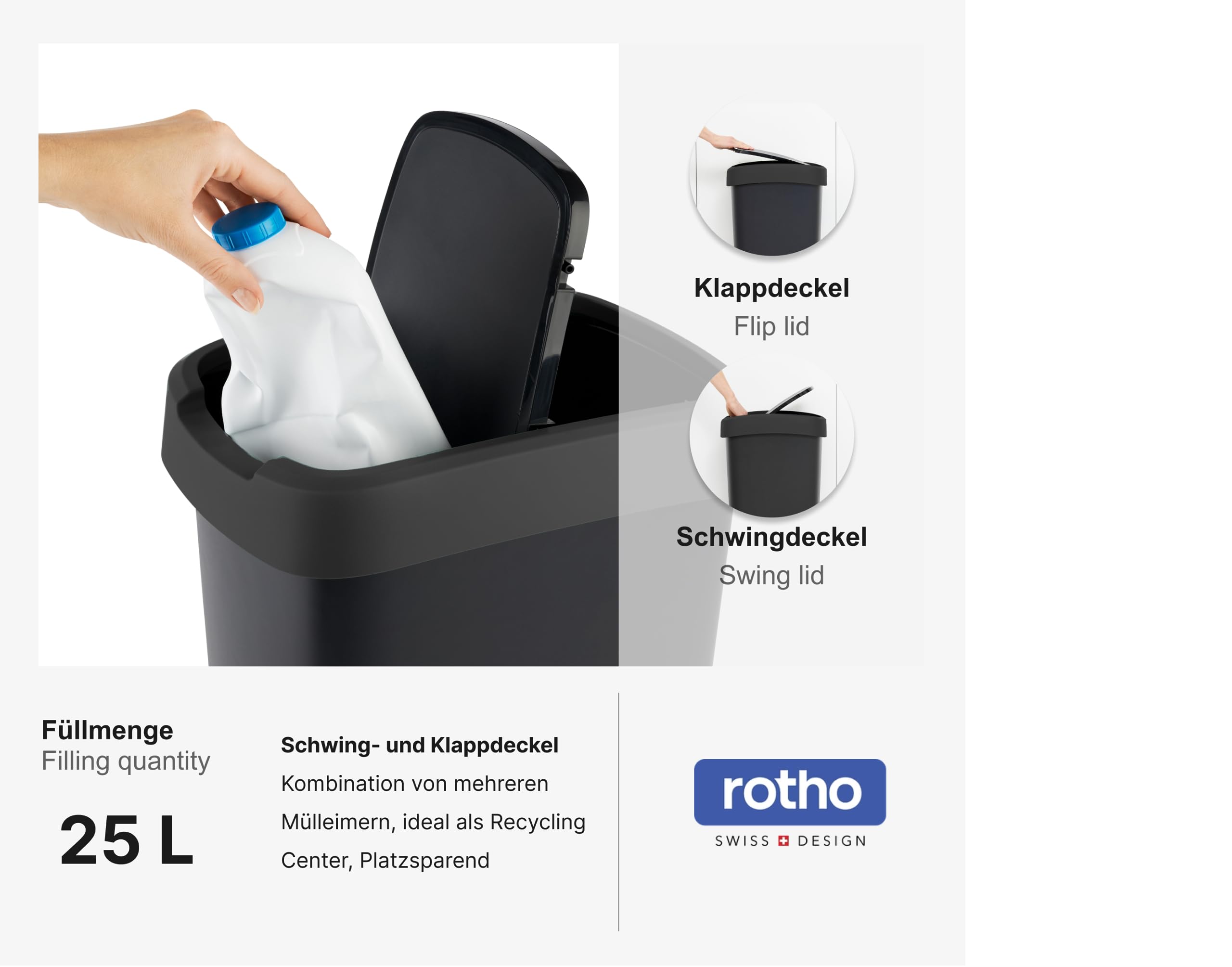 Rotho 1055508851AZ Kosz na Śmieci, Czarny, 25 l
