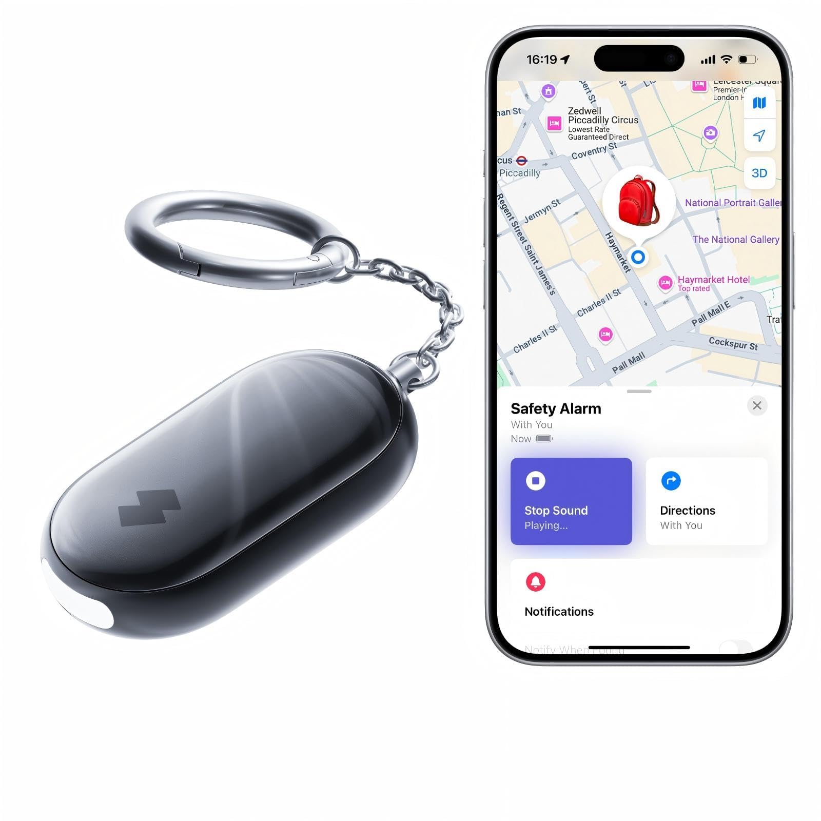 SwitchBot Alarma de Seguridad Personal, 130dB Sirena con Luz LED Estroboscópica, Llavero de Autodefensa IP65 con Alertas de Ubicación, Ideal para Mujeres, Niños y Ancianos, Negro