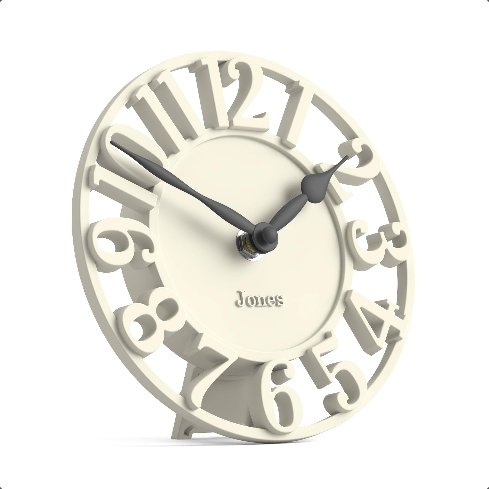 Jones Clocks Linen White Jones Clocks® Ealing Desk Clock | Mini Skeleton Clock | Pale Cream | Freestanding Contemporary Mantel Clock With Cut Out Numbers For Shelf, Table, Mantel Or Bedside