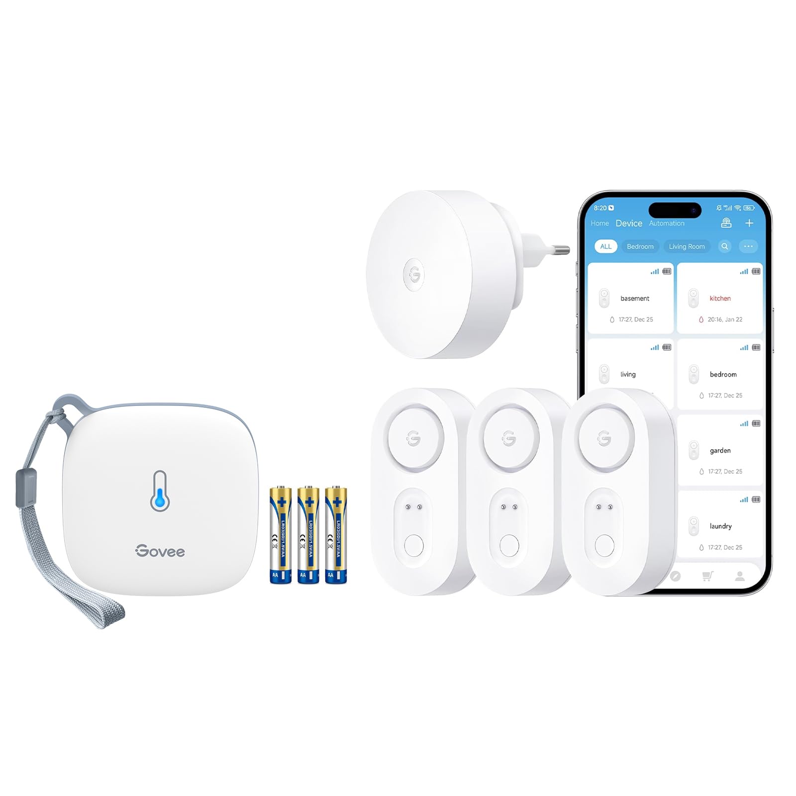 GoveeLife Smarter Wassermelder 3er-Pack Bundle with Govee WLAN Thermometer Hygrometer Innen