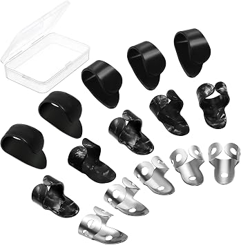 15 Pieces Banjo Guitar Picks Ring Thumb Finger Alaska Open Design Finger Stainless Steel Finger Picks Adjustable Plectrum Thumb Middle Finger for Acoustic Guitar Banjo BassBlack, Silver