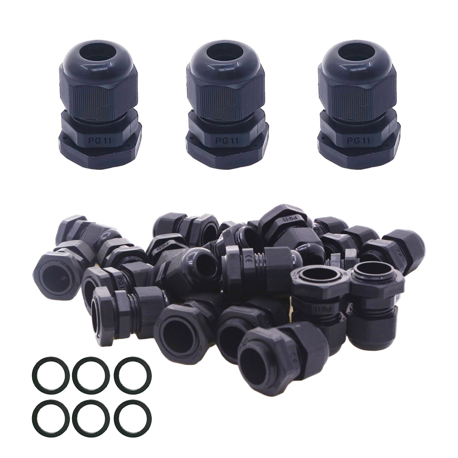 PENCK 25pcs PG11 Cable Gland, Adjustable Cable Cord Gland Joints, Waterproof Strain Relief Cord Connector, Black Nylon Plastic Junction Box Connectors Cord Grips with Washer, Gaskets and Locknut