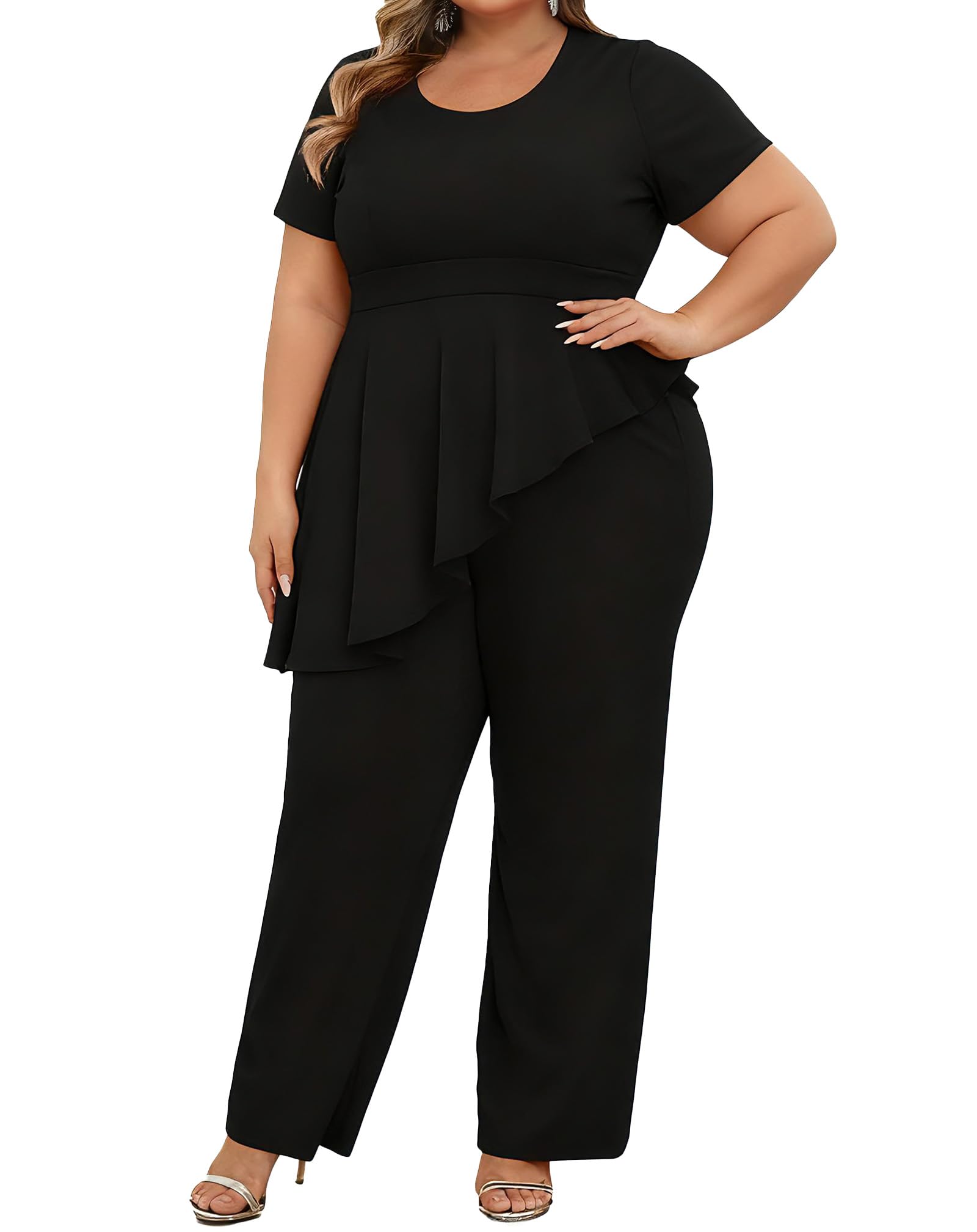 CXXQ Womens Plus Size 2 Piece Outfits Suit Set Short Sleeve Peplum Top Straight Pants Sets Business Pantsuits