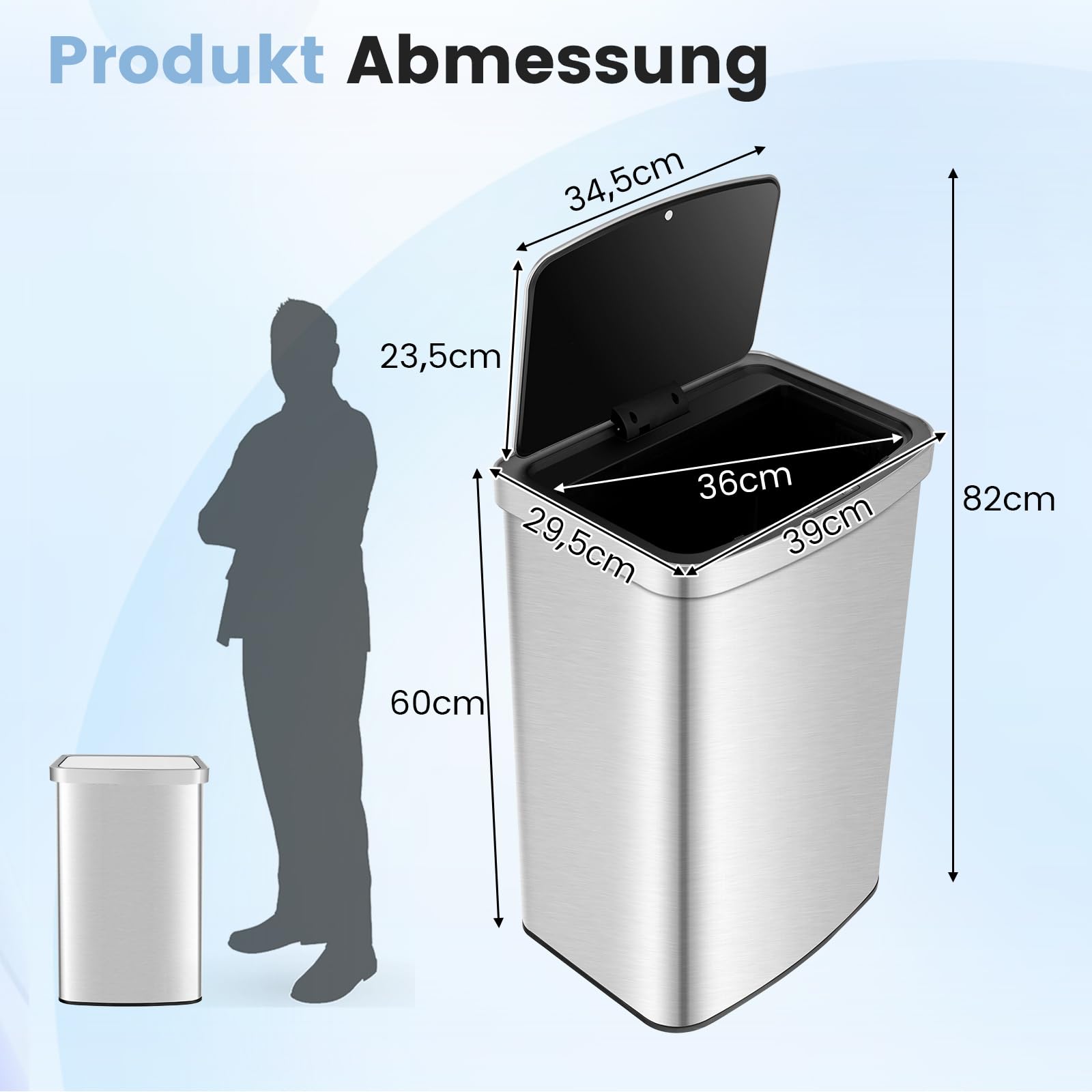 COSTWAY 50L Mülleimer mit Sensor, Abfalleimer Automatisch mit Deckel, Müllbehälter aus Edelstahl und Kunststoff, Mülleimer Küche für Badezimmer Schlafzimmer, Bad, Büro