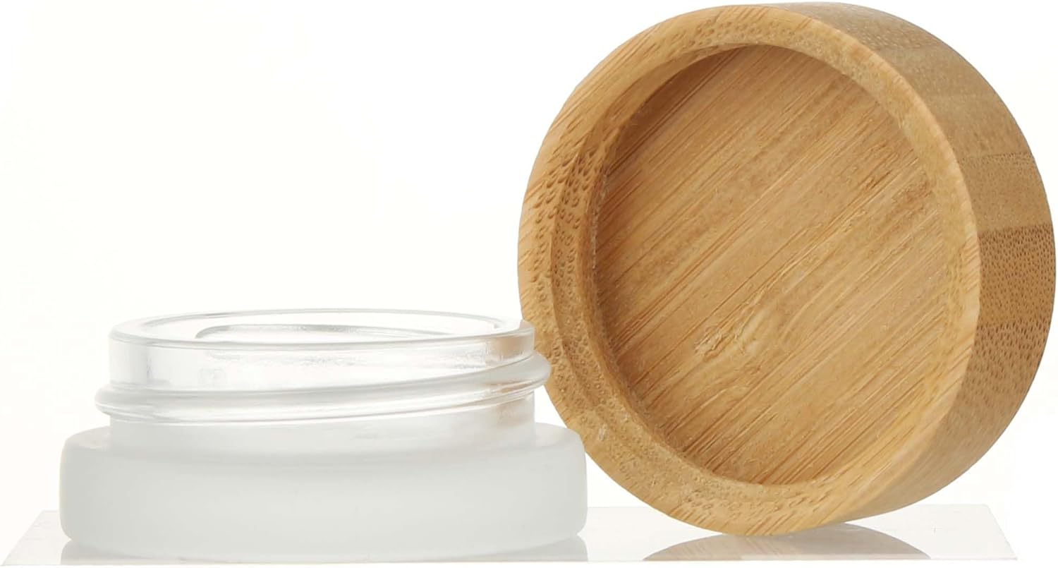 COSIDEA 18pcs Empty 1.7 OZ/50 ML Round Clear Glass Jars with Bamboo lids, Wooden Cream Jar Refillable Cosmetic Travel Containers for Lip Balm, Ointments, Lotion Packing (Frosted, 5g)