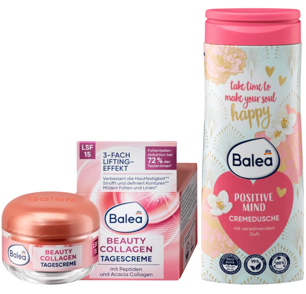 Balea 2er-Set Hautpflege: Tagespflege BEAUTY COLLAGEN LSF15 für verjüngtes & gestärktes Hautbild (50 ml) + Duschgel POSITIVE MIND milde ph-neutrale Cremedusche mit zartem Blumenduft (300 ml), 350 ml