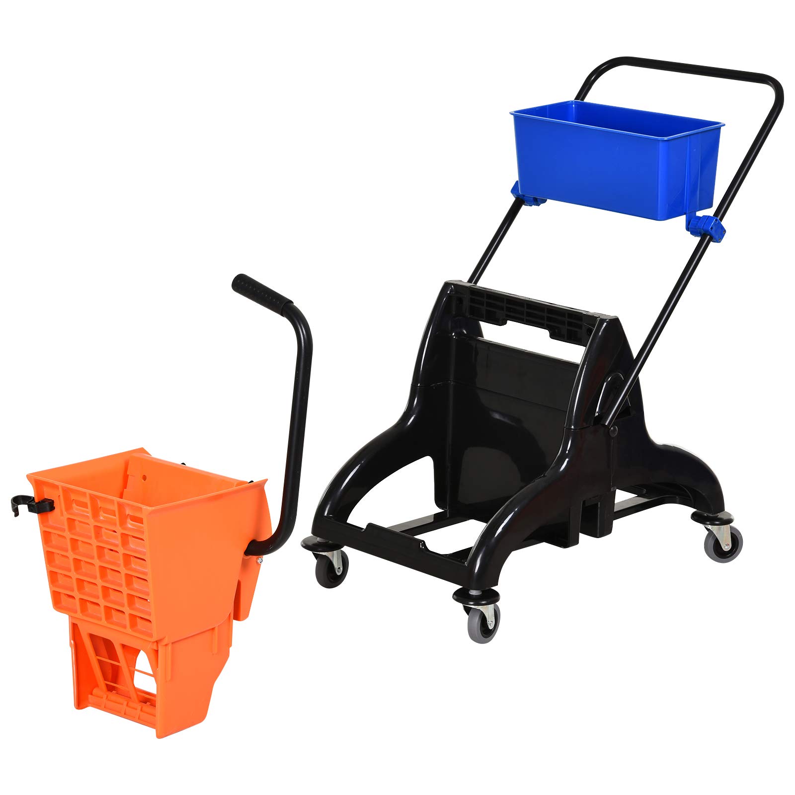HOMCOM Cubo para Fregona Comercial Cubeta de Trapeador con Escurridor de Presión Abajo Capacidad de 26L con 4 Ruedas Silenciosas Doble Cubetas Separadas 78x45x95 cm Naranja y Azul
