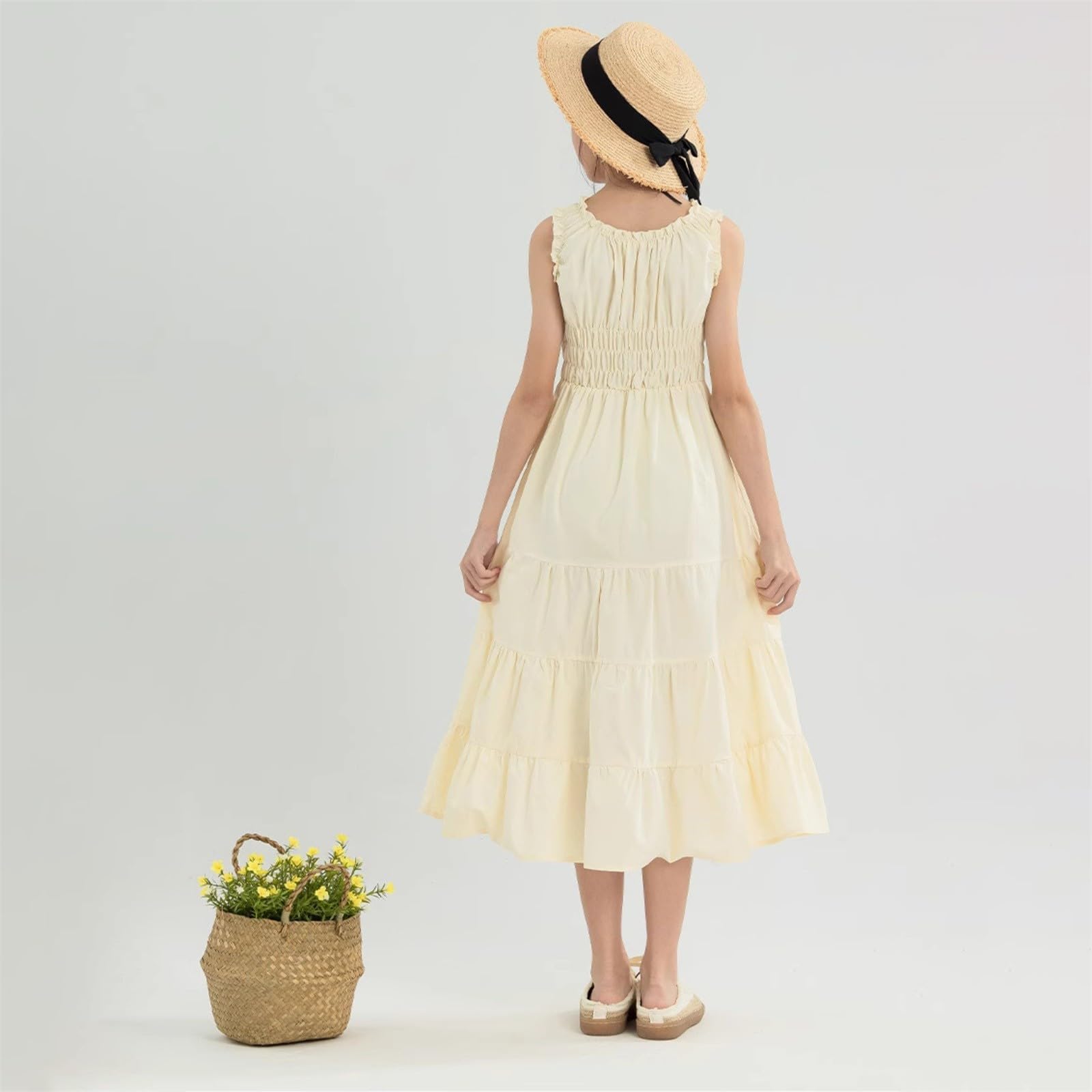 Vestito da ragazza estivo casual boho spiaggia midi fluente prendisole bambini senza maniche smock vacanza A Line abito adolescenti abiti morbidi comfort