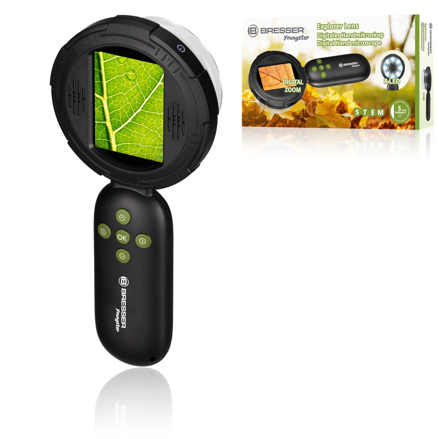 Bresser Microscopio digitale manuale per bambini e genitori, 10 x ottici, fino a 40 x digitali, 8 LED dimmerabili, funzione fotografica e webcam, giocattolo educativo