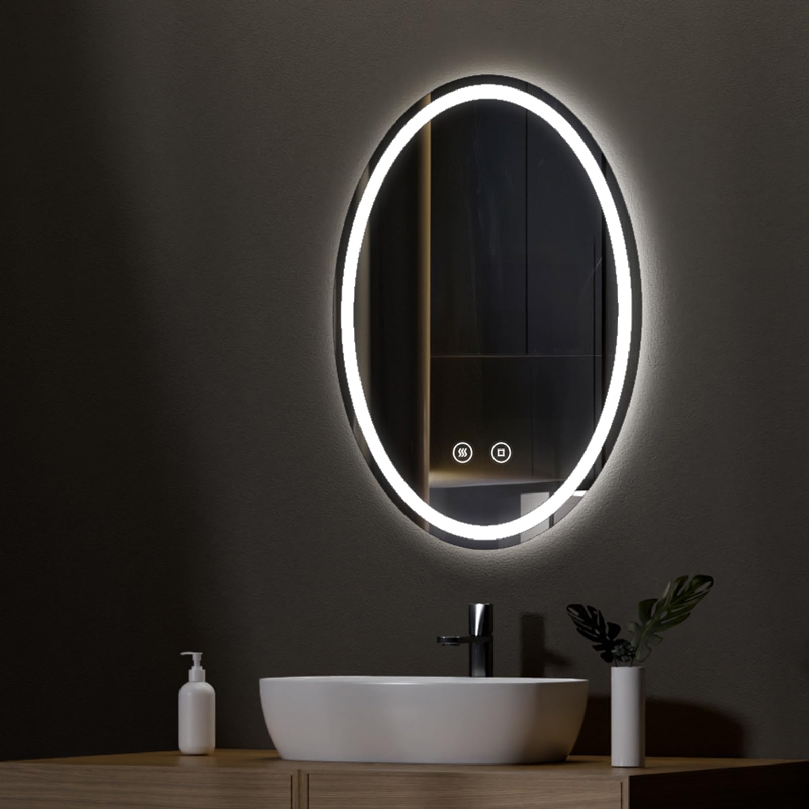 EMKE Espejo LED de baño 60 x 80 cm, Espejo Ovalado con 3 Colores de luz Ajustables, antivaho, función Memoria, táctil IP44. Espejo de baño con iluminación Horizontal/Vertical