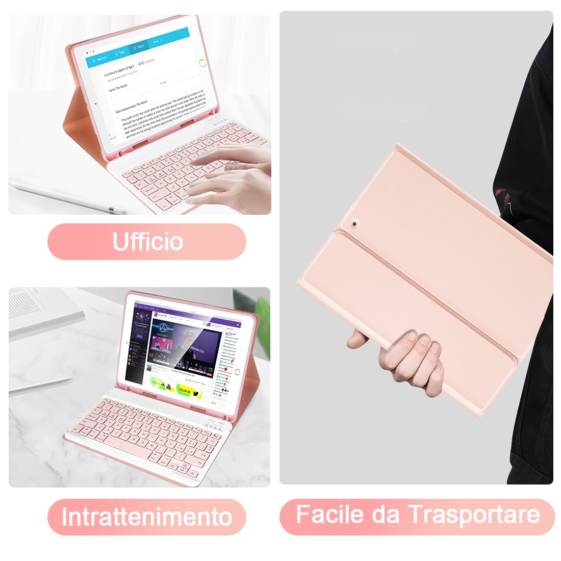 SOPPY Custodia Italiana Tastiera per iPad 9a/ 8a/ 7a Generazione/iPad Pro/Air 3a 10.5", Wireless Tastiera Staccabile, con Slot per Penna Stilo, Layout Italian - Rosa
