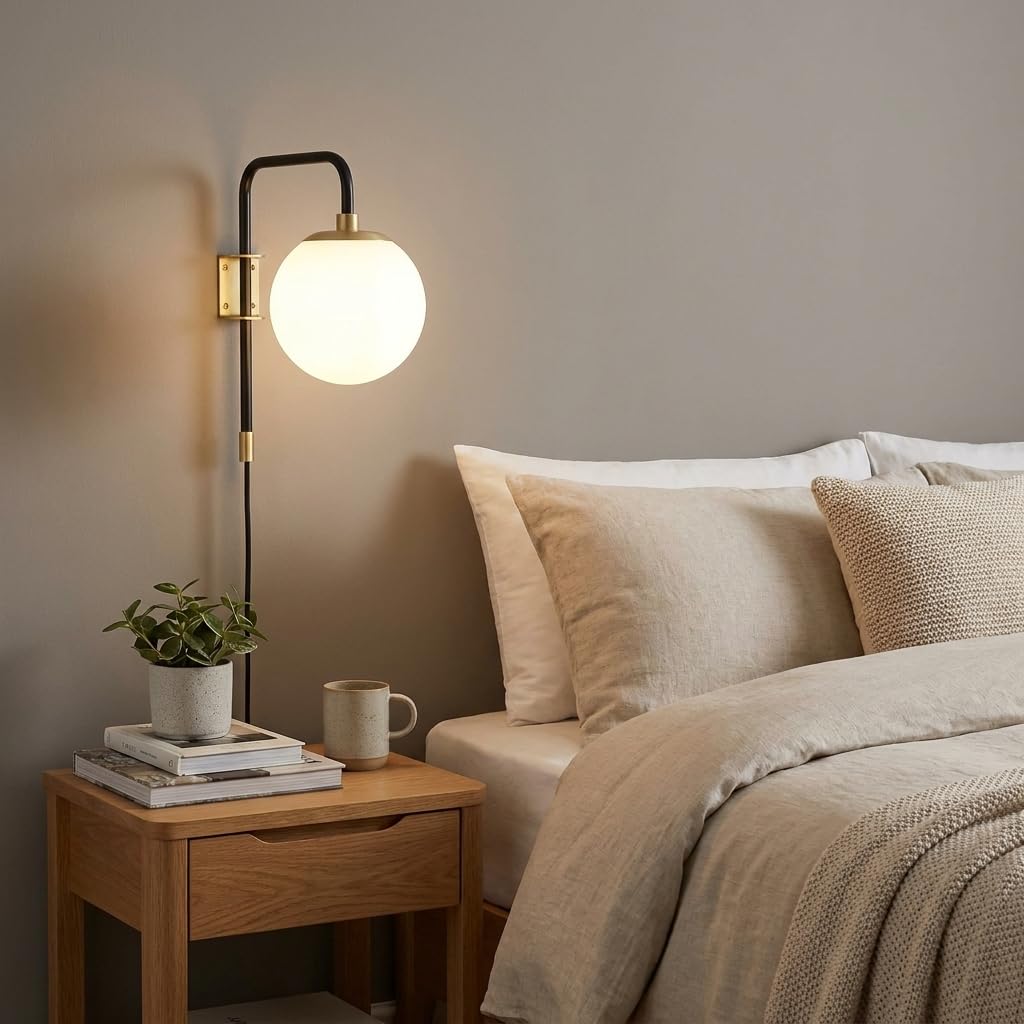 Alpinaluz Applique Murale avec Prise E27, Globe Blanc 15 cm | Support en acier noir et doré, tête orientable 180°, interrupteur sur câble, idéale en chambre ou salon
