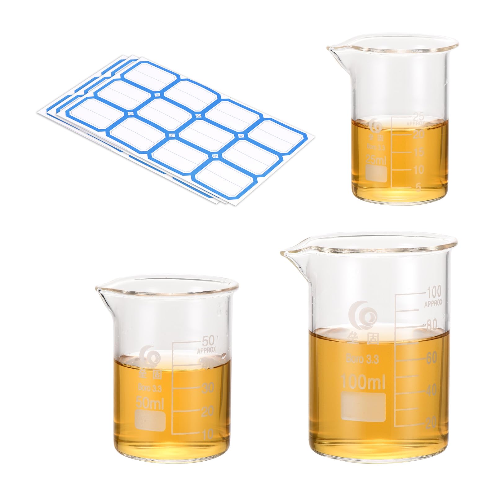 PATIKIL 25/50/100ml Low Form Glass Beaker, 3Pcs 3.3 Borosilicate Glass Beakers Graduated Measuring Cup with Stick Labels for Lab Experiment, Cooking and Baking, Clear