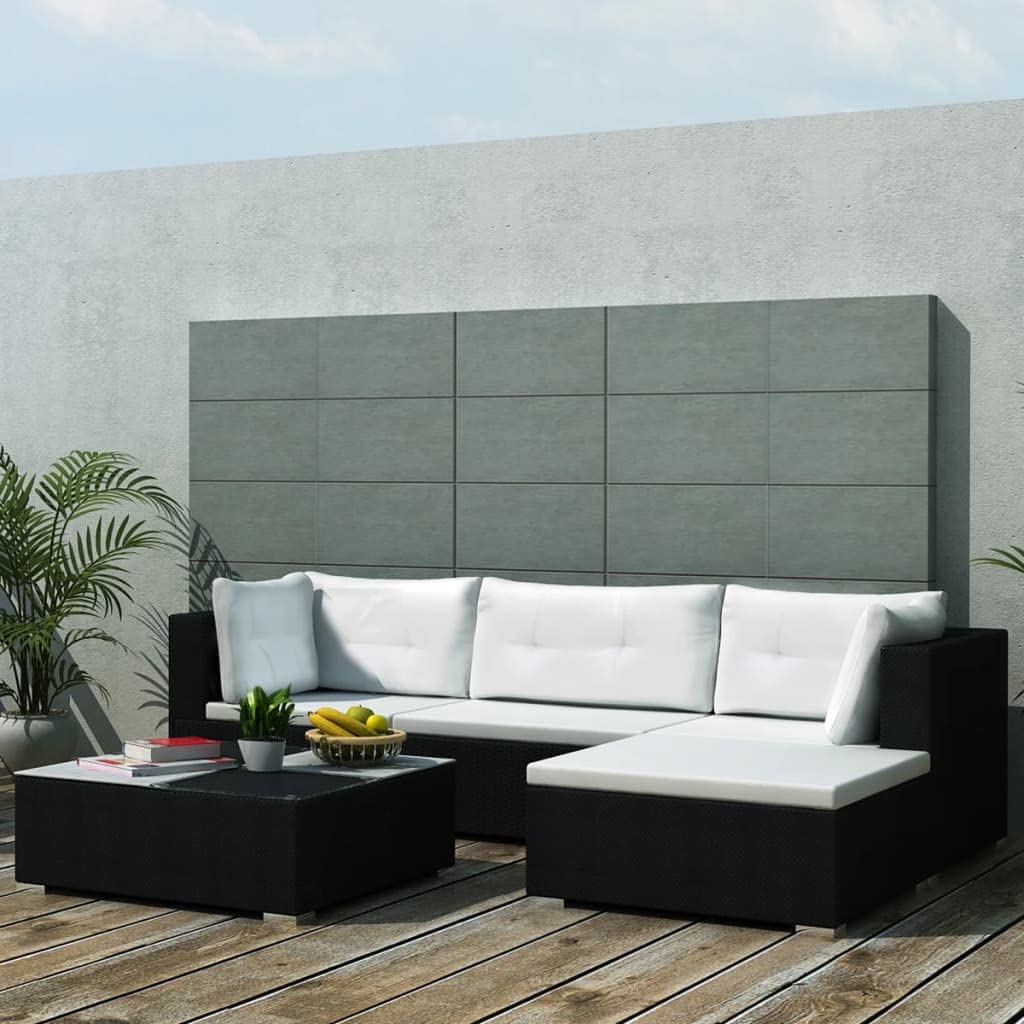 Nowoczesny 5-częściowy Wiklinowy Zestaw do Rozmów na Patio, Modułowa Rattanowa Sofa Segmentowa z Pluszowymi Białymi Poduszkami, Stylowy Zestaw Mebli Ogrodowych ze Szklanym (Czarny)