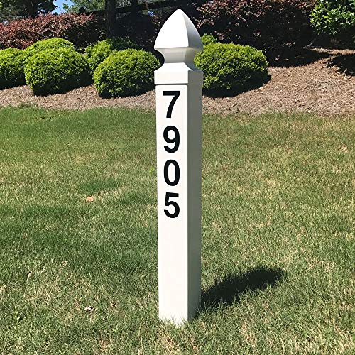 Addresses Of Distinction White Address Post – 32” Tall Address Marker - Customized Black House Numbers –All Hardware & Stake Included – Help Emergency Vehicles Find Your Home (Essex Cap) #TOP1