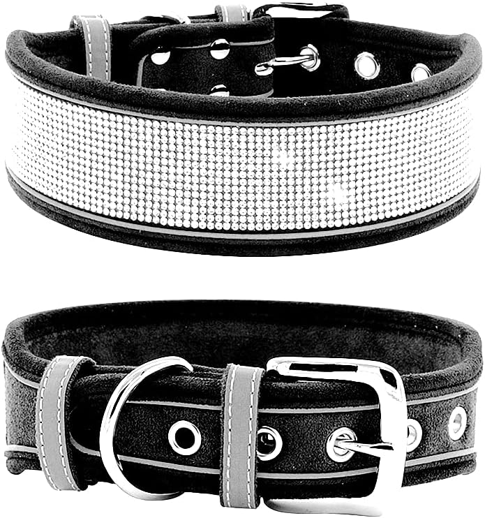Rhinestone Dog Collar, Dazzling Sparkling Soft Suede Reflective Large Dog Collar Crystal Diamond Collar for Medium & Large Dogs (S:12-15", Black)