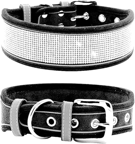 Collar para perro con diamantes de imitación, deslumbrante y brillante ante suave, collar de perro grande reflectante con cristales para perros Negro