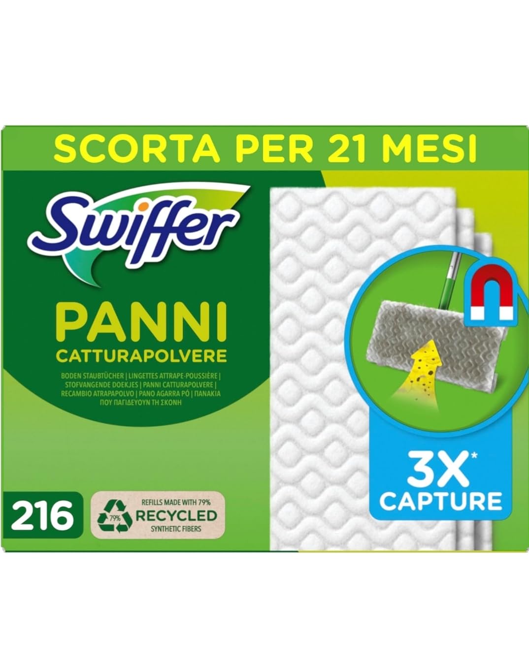 Swiffer 216 Paños atrapapolvo, de microfibra seca, paños atrapa la suciedad, ideal para todo tipo de suelos y pelos de animales, formato maxi con 79% de fibra reciclada