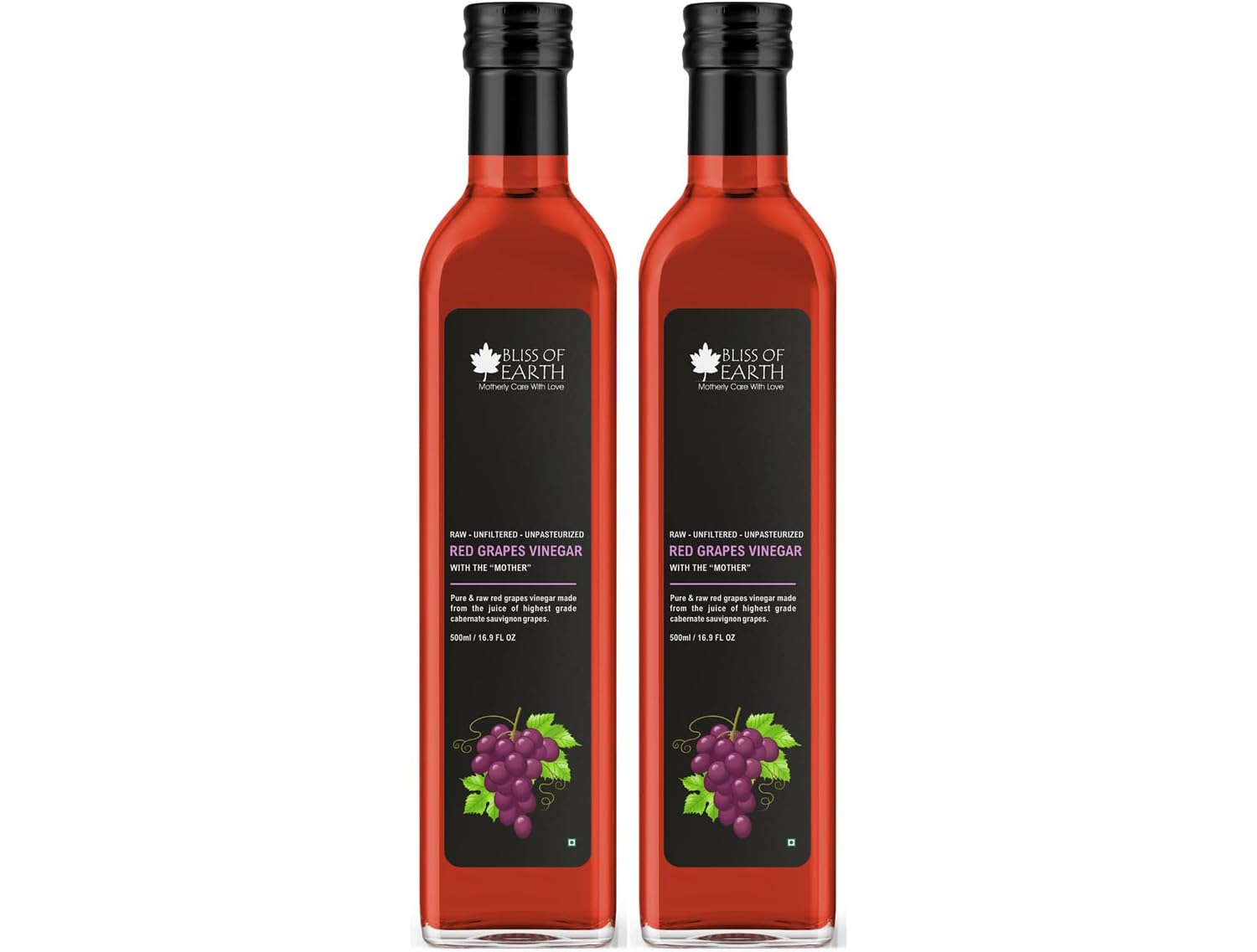 Bliss of Earth Raw Red Wine Vinegar With Mother, Unfiltered Red Grapes Vinegar For Cooking, Salad Dressings and Marinating Fresh or Grilled Vegetables, 2x500ml (Pack Of 2)