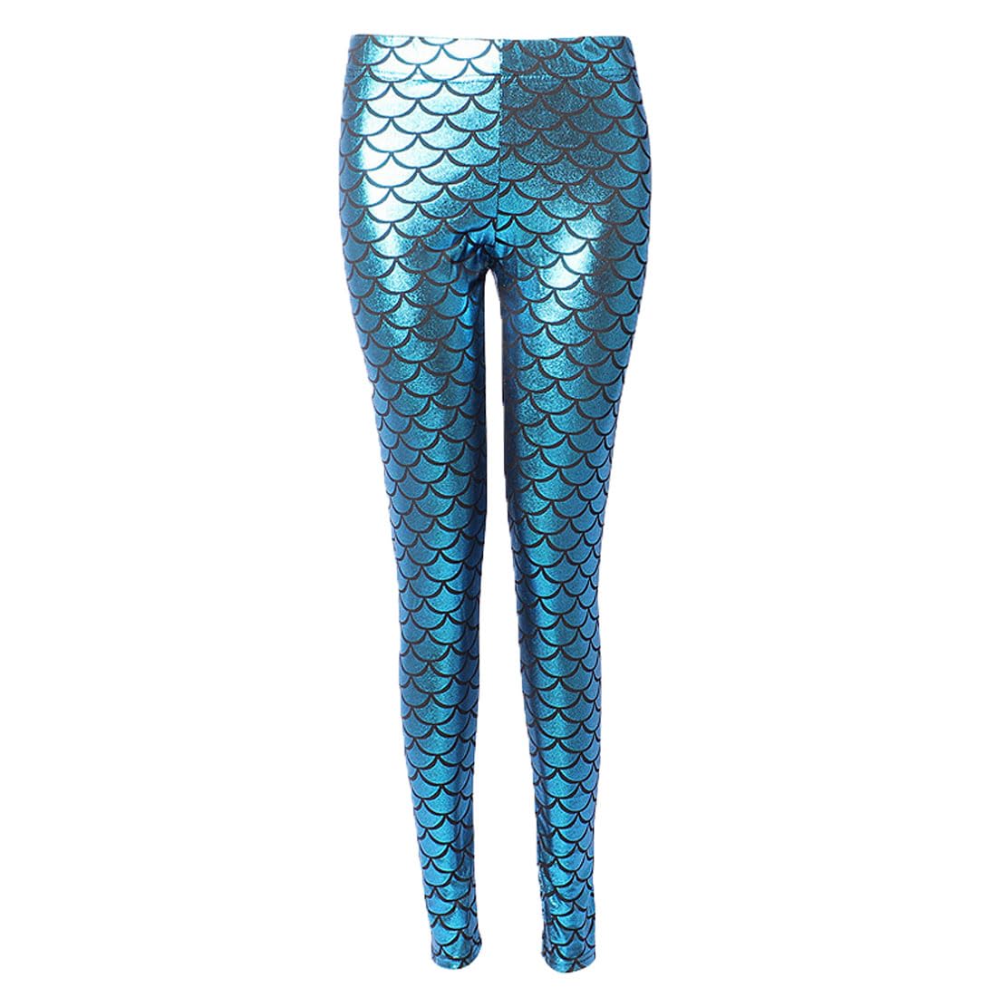 FASHION 7STAR Ladies Fancy Dance Party Mermaid Metallic Legging Girls Stretchy Tight Disco Fish Scale Printed Full Length Leggings Pants Turquoise