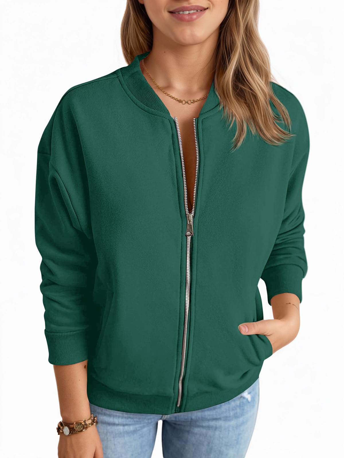 Fisoew Womens Zip Up Long Sleeve Sweatshirt Jacket Casual Loose Coats With Pockets