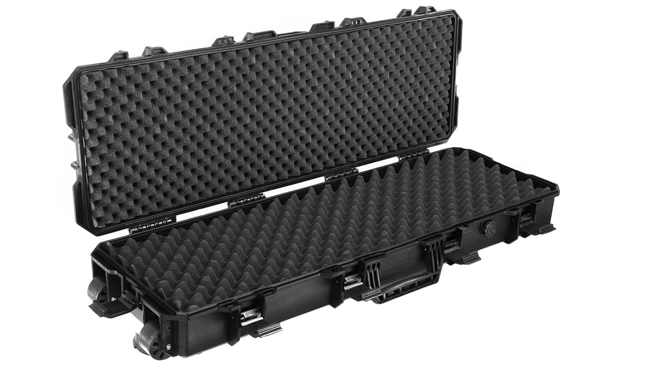 Hard-Case Waffenkoffer Large – Wasserdichter & extra Stabiler Polymer-Koffer mit Trolley-Funktion, IP67, Pick-&-Pluck Schaumstoff, 6 HD-Verschlüssen & Rollen