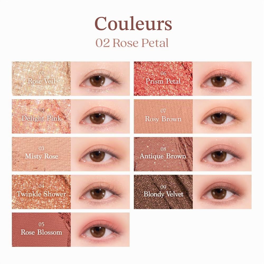 dasique Palette d'ombres #02 Rose Petal I Sans cruauté envers les animaux I 9 nuances mélangeables dans des finitions mates et chatoyantes avec de magnifiques perles