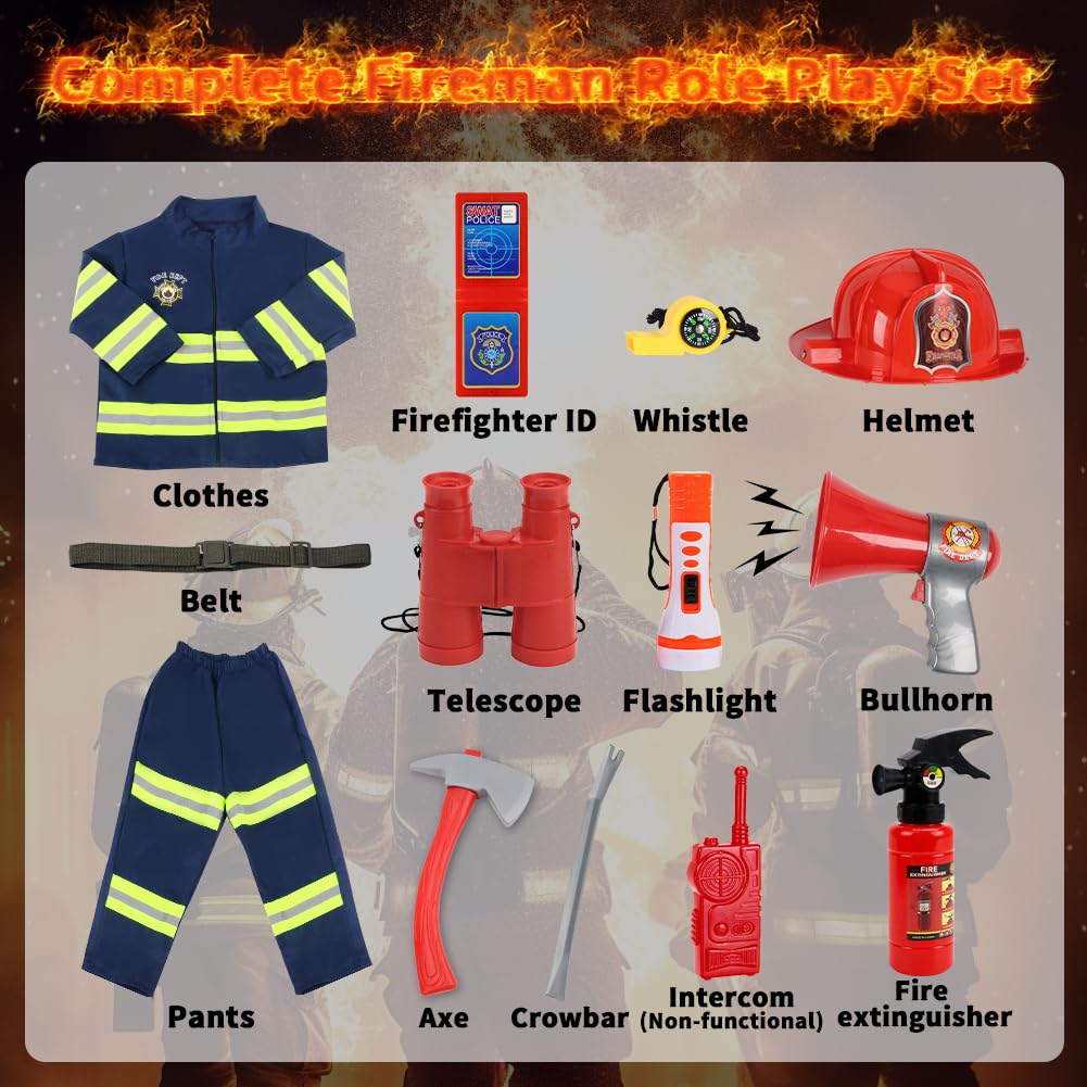 Costume da Pompiere per Bambini, 13pcs Giochi di Ruolo per Bambini Costumi di Halloween, Giocattolo per Bambini dai 6 - 8 Anni per Feste in Maschera, Esercitazioni Antincendio, Scuola e Casa (130 cm)