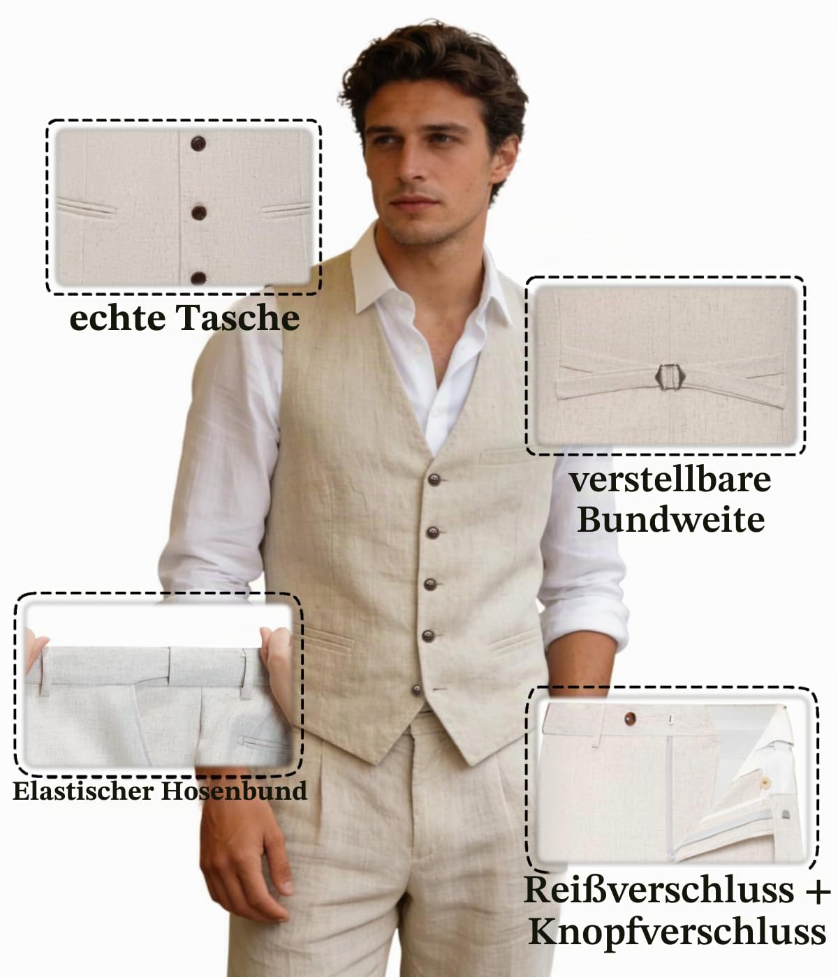 Herrenanzug aus Leinen, 2-teilig, schmale Passform, für Abschlussball, Strand, Hochzeit, Bräutigam, Weste, Hose, Set, lässig, Sommer, Leinen-Outfit