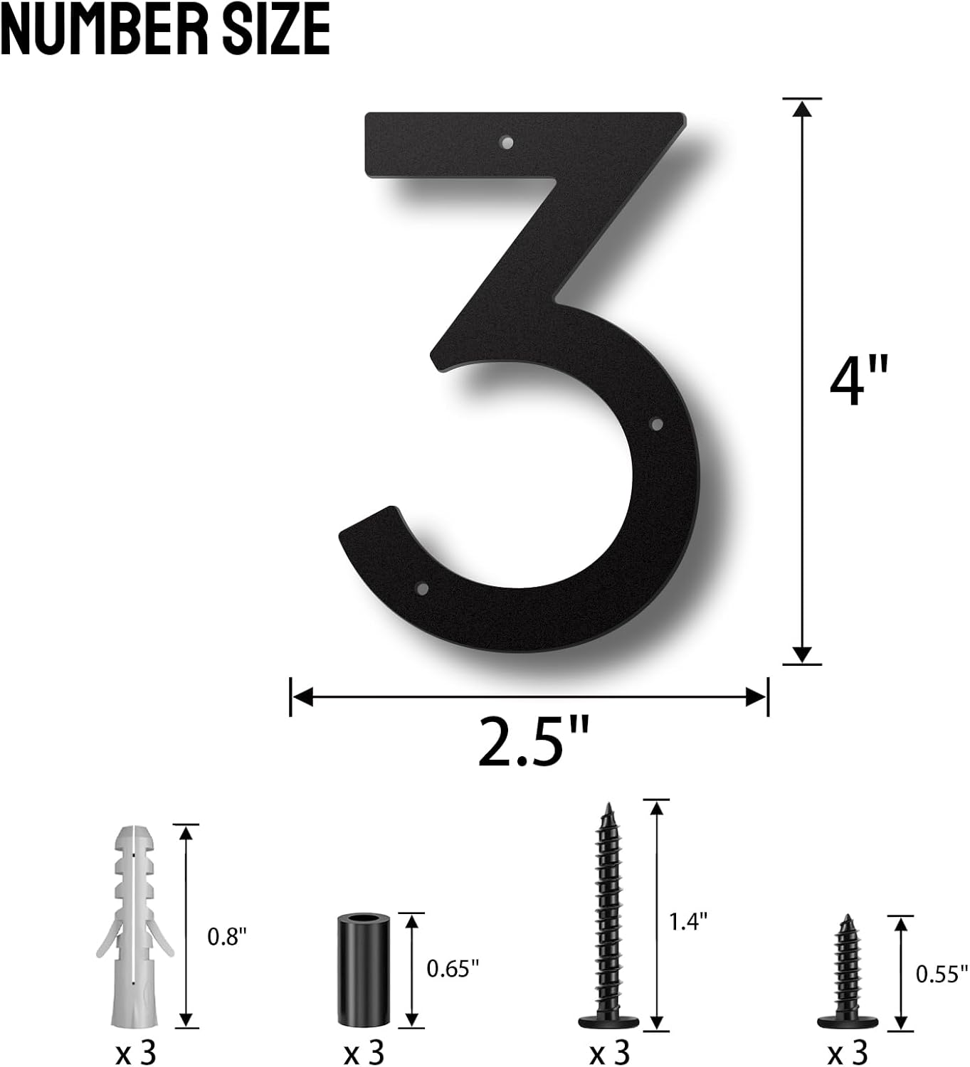 Metal House Numbers, Stainless Steel for Outside, Mailbox Numbers, House Address Signs, Coated Black, Modern Style, With Floating Appearance Kit (Black 3, 4 Inch)
