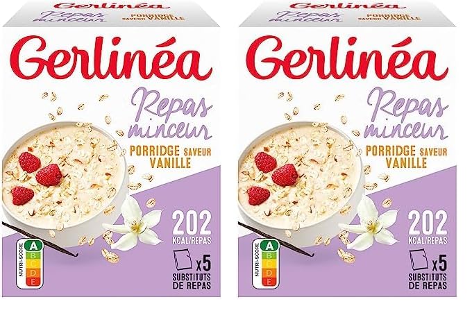 Gerlinéa - Pörridge Saveur Vanille - Aux Flocons d'Avoine Complète et Son d'Avoine - Idéal pour un Petit-Déjeuner Complet - Source de Fibres - 5 Portions...