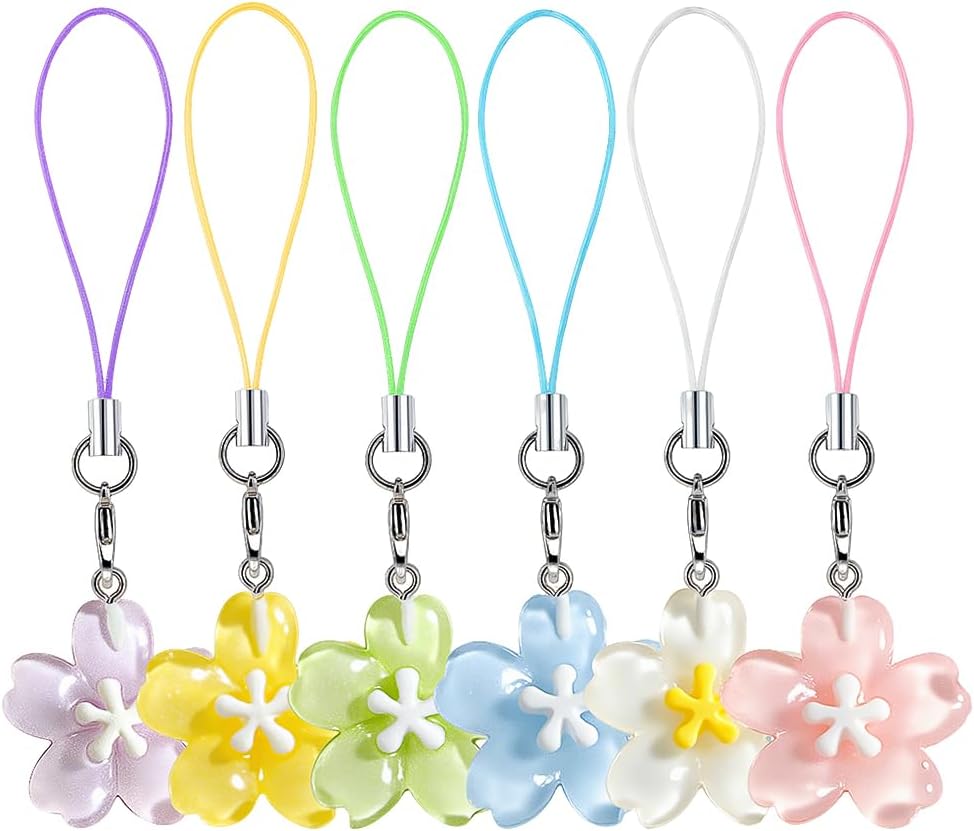 6PCS Cute Jelly Colored Cherry Blossom Flower Phone Charms Strap Kawaii Colorful Floral Phone Keychain Accessories for Women Cellphone Charm Aesthetic Bag Charms for Handbags Purse Key Chain for Car