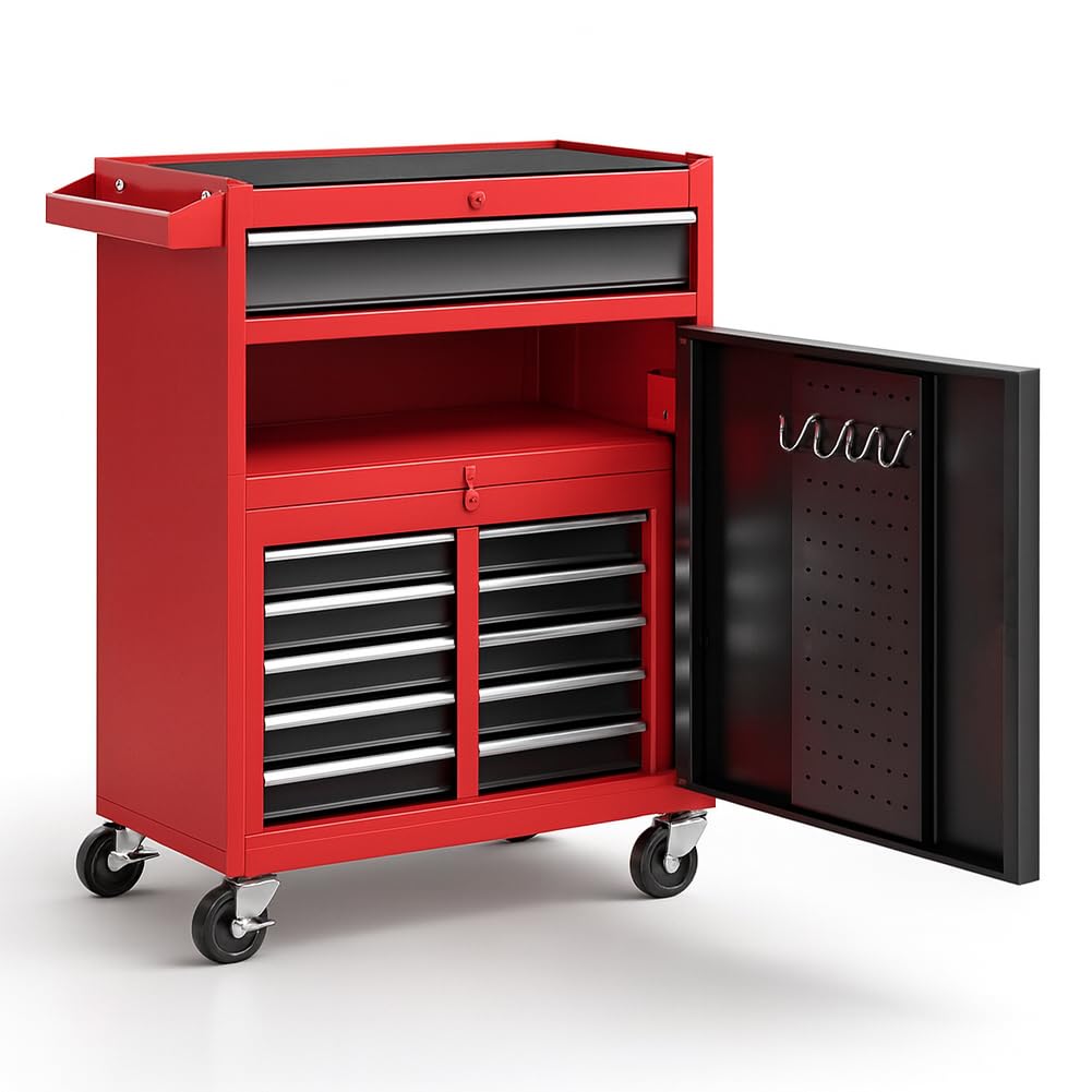 Carrello Portautensili 2in1 con 5 Cassetti e 1 Sportello, Carrellino in Acciaio per Attrezzi Multiuso, Armadietto Staccabile con Ruote, Ideale per Officine, Garage, Fai da Te 53 × 28 × 103,5