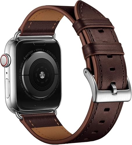 OUHENG Leather Bands Compatible with Apple Watch Band 49mm/46mm/45mm/44mm/42mm, Genuine Leather Strap Compatible with iWatch Ultra 3/2/1 & Series 11/10/9/8/7/6/5/4/3/2/1 & SE3 SE2 SE, Black/Black(Chocolate Brown/Silver,38mm/40mm/41mm/42mm(Series 11 10))