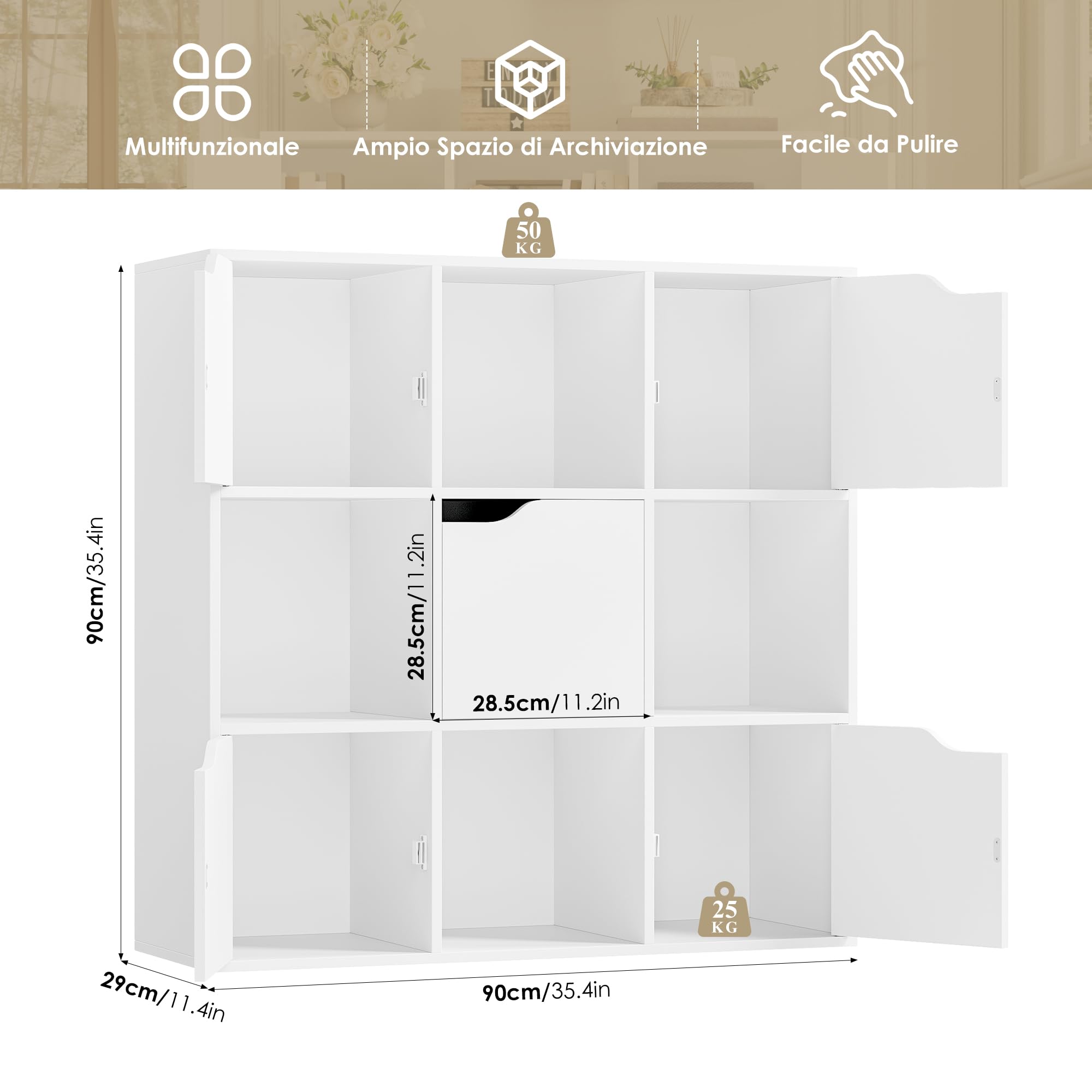 FirFurd Libreria a 9 Cubi Con 5 Porte, Armadietto 3 Ripiani, Scaffale Con 9 Scomparti a Cubi Portaoggetti, Stile Moderno, per Soggiorno, Camera da Letto, Ufficio 90x29x90cm Bianco