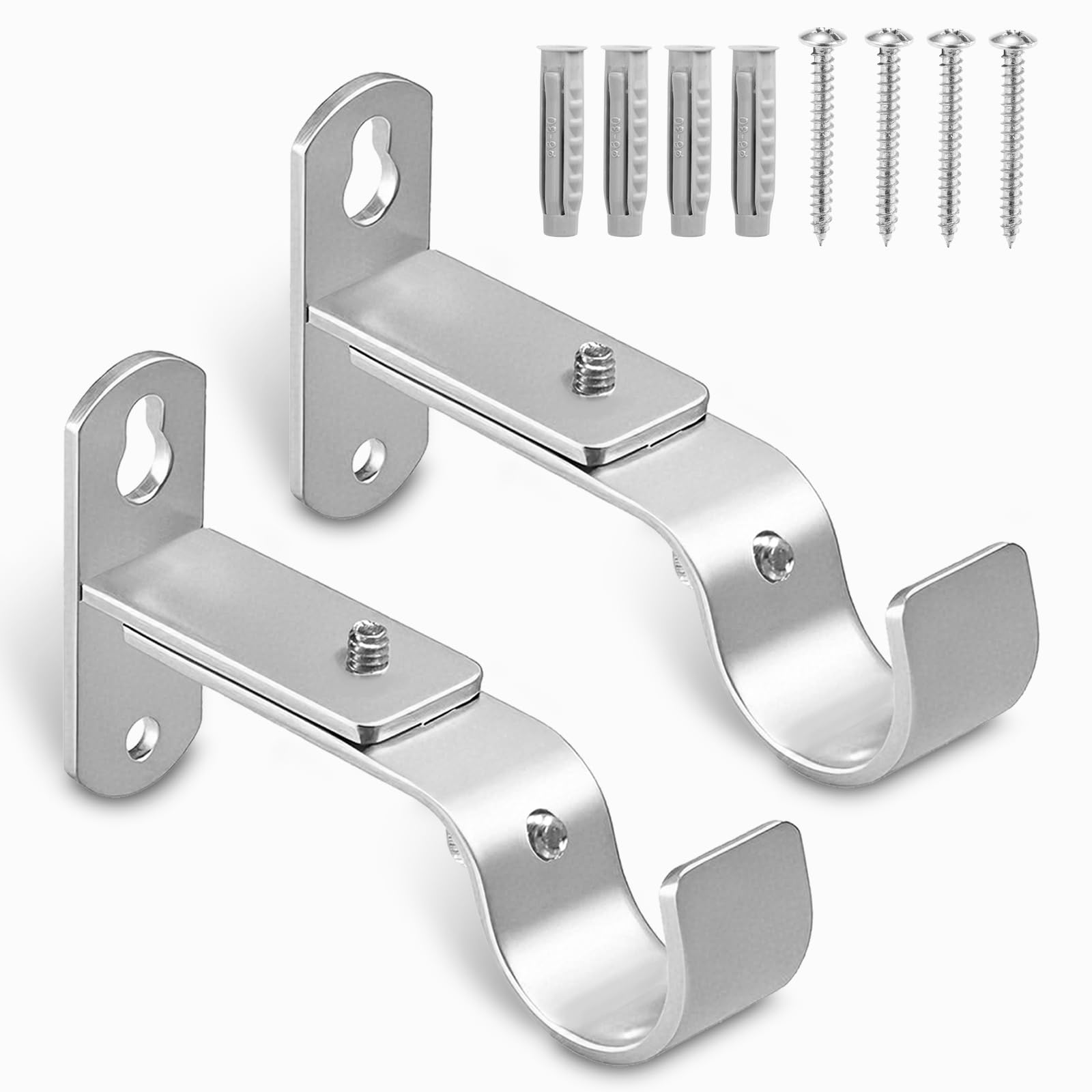 AMZSEVEN Adjustable Curtain Rod Brackets, Metal Window Drapery Rod Hanger Holders Hooks for 1 inch Rods (Satin Silver, Set of 2)