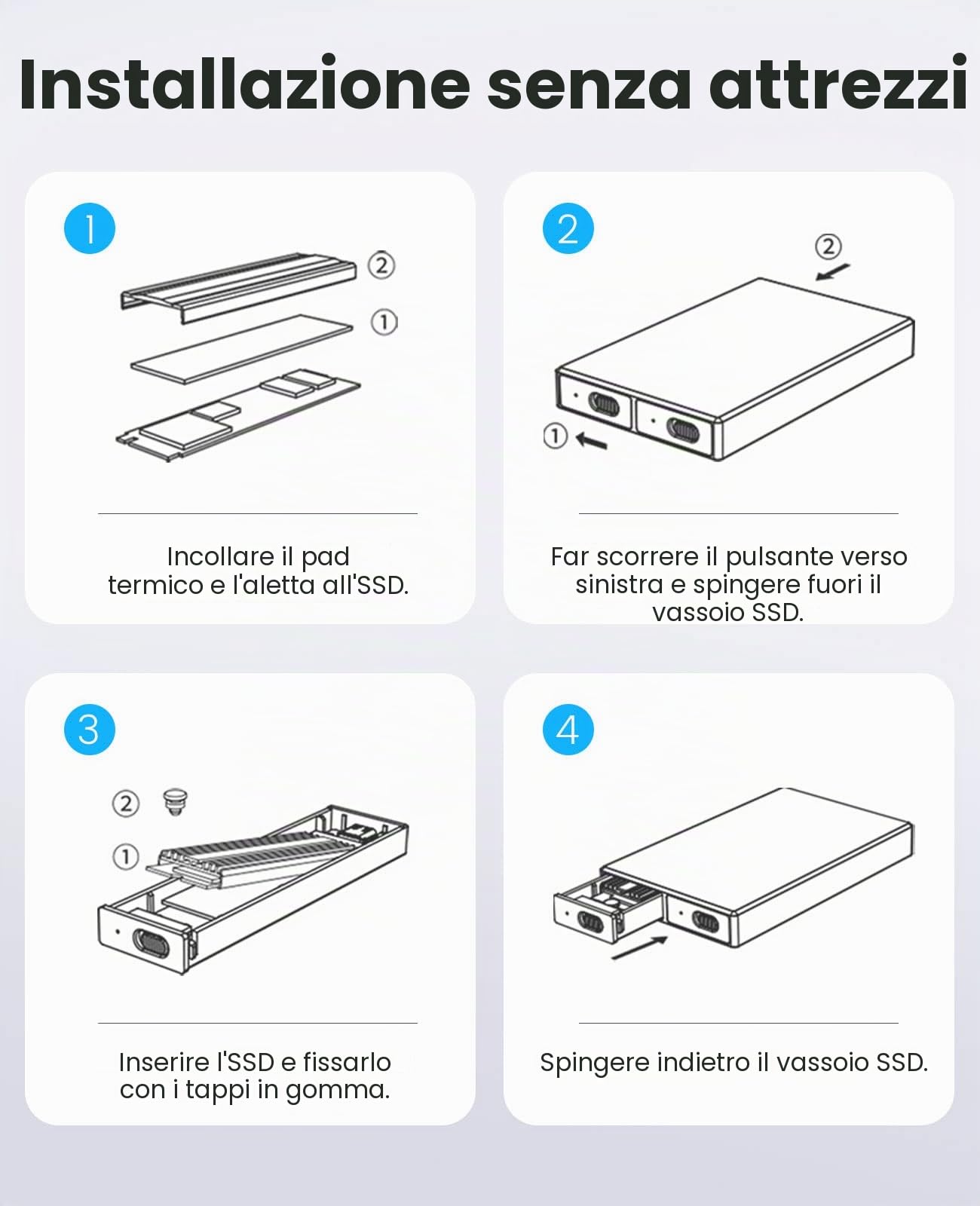 ORICO Case SSD M.2 SATA 6Gbps Adattatore Senza Attrezzi in Alluminio, USB3.2 USB-C per M.2 PCIe NVMe M-Key 2230/2242/2260/2280 SSD, Thunderbolt 3 Compatibile, Supporto per UASP Trim- BM2G2