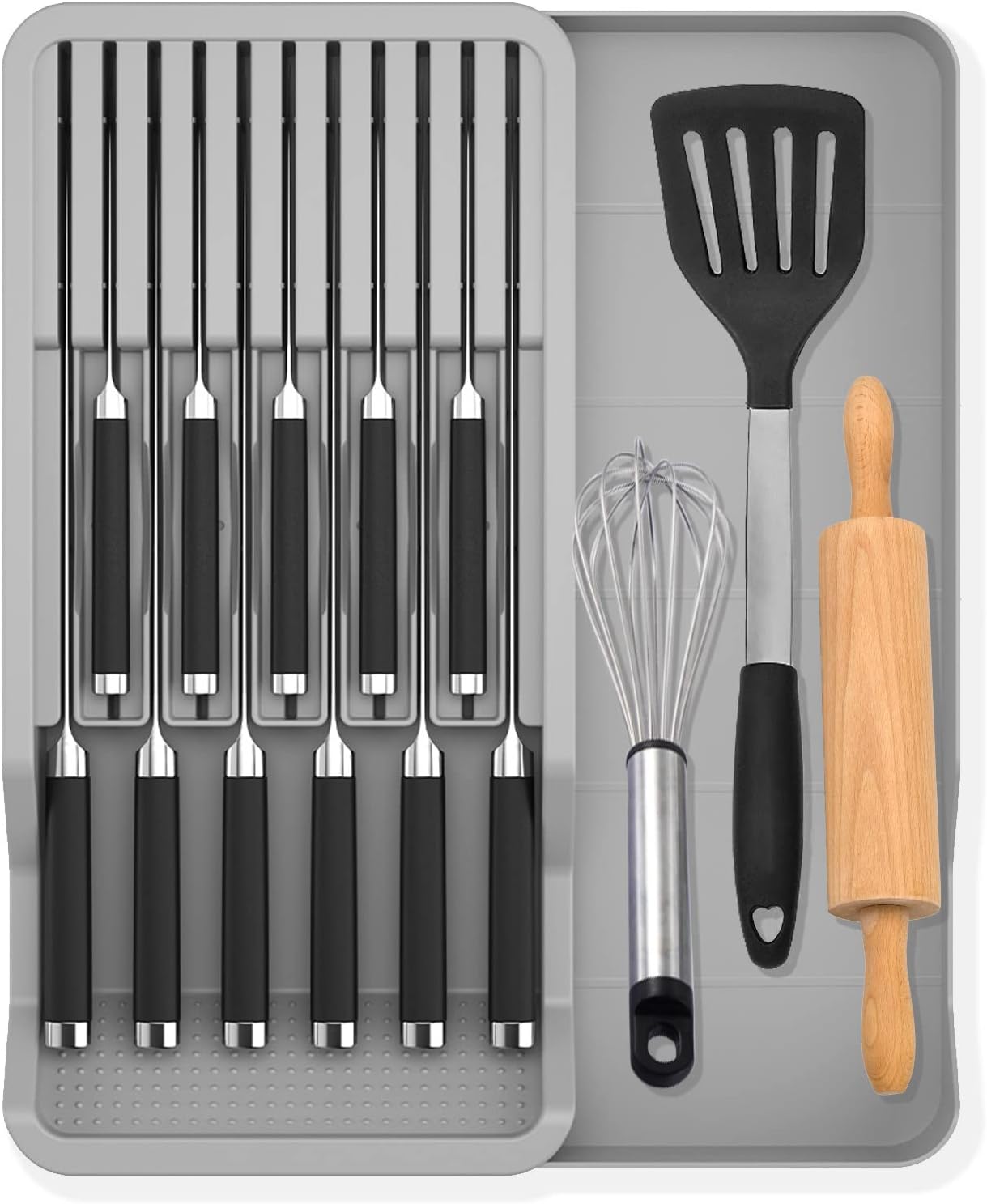 Knife Holder, In Drawer Knife Block Holder with Expandable Cutlery Tray Kitchen Drawer Organizer Insert-Holds 11 Knives for Save Space & Kitchen Safety (Drawer knife holder, Plastic)