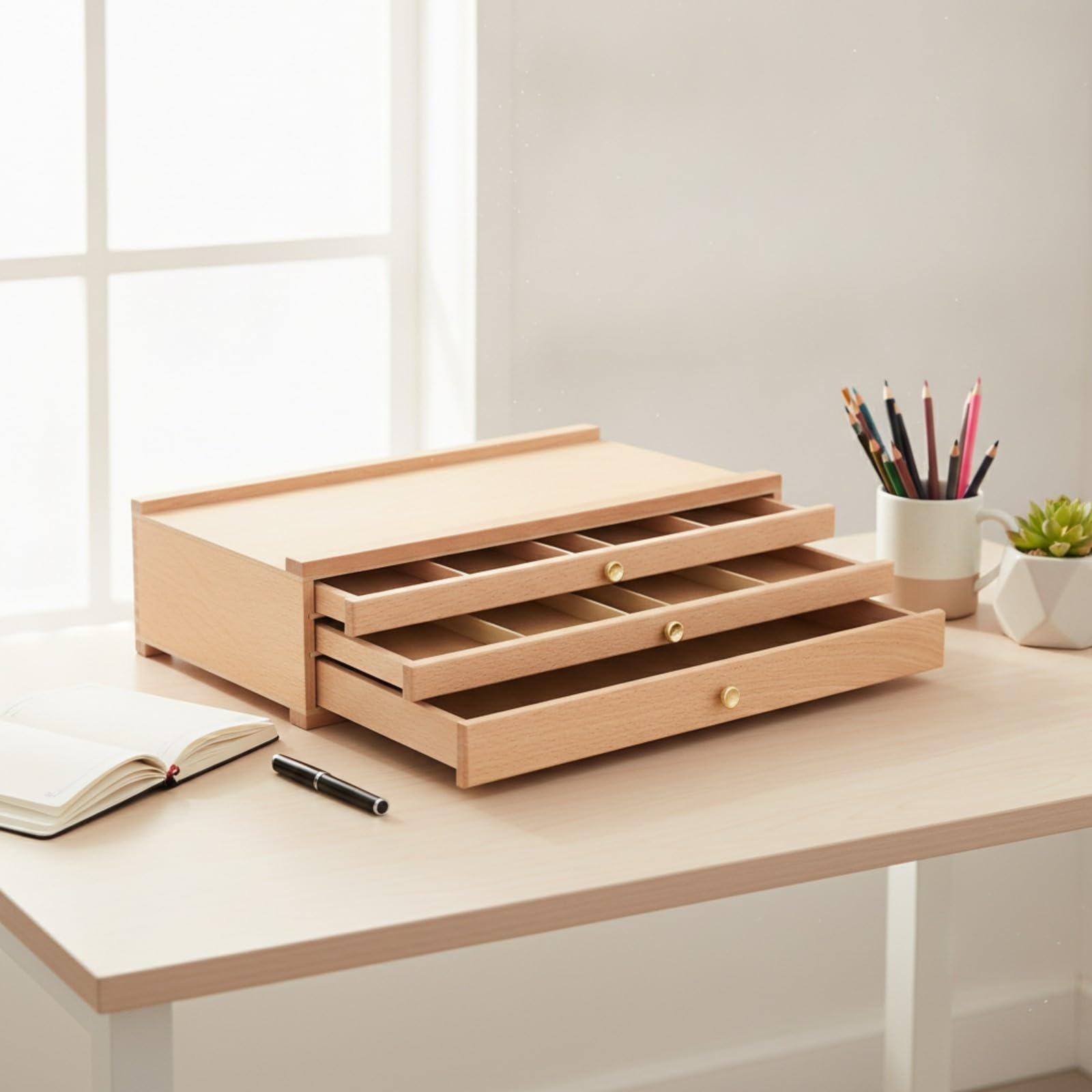 Scatola in Legno con Cassetti Multiuso |, Pratico, Scatola Portaoggetti con Cassetti, per Scrivania, Hobbisti, Studenti, 3 Strati