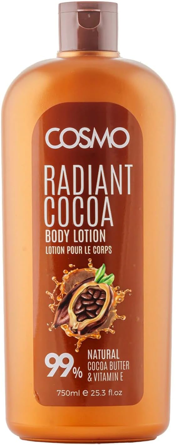 - COSMO Radiant Cocoa Body Lotion 750ml, 99% Natural Cocoa Butter and vitamin E, All Skin Types, Daily Moisturizer Care, For Men and Women
