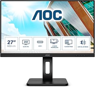 AOC Q27P2CA - 27 Inch QHD Monitor, 75Hz, IPS, 4ms, USB-C Docking, Height Adjust, USB HUB, Speakers (2560x1440 @ 75Hz, 300cd/m² HDMI 1.4 / DP 1.2 / USB-C DP Alt)
