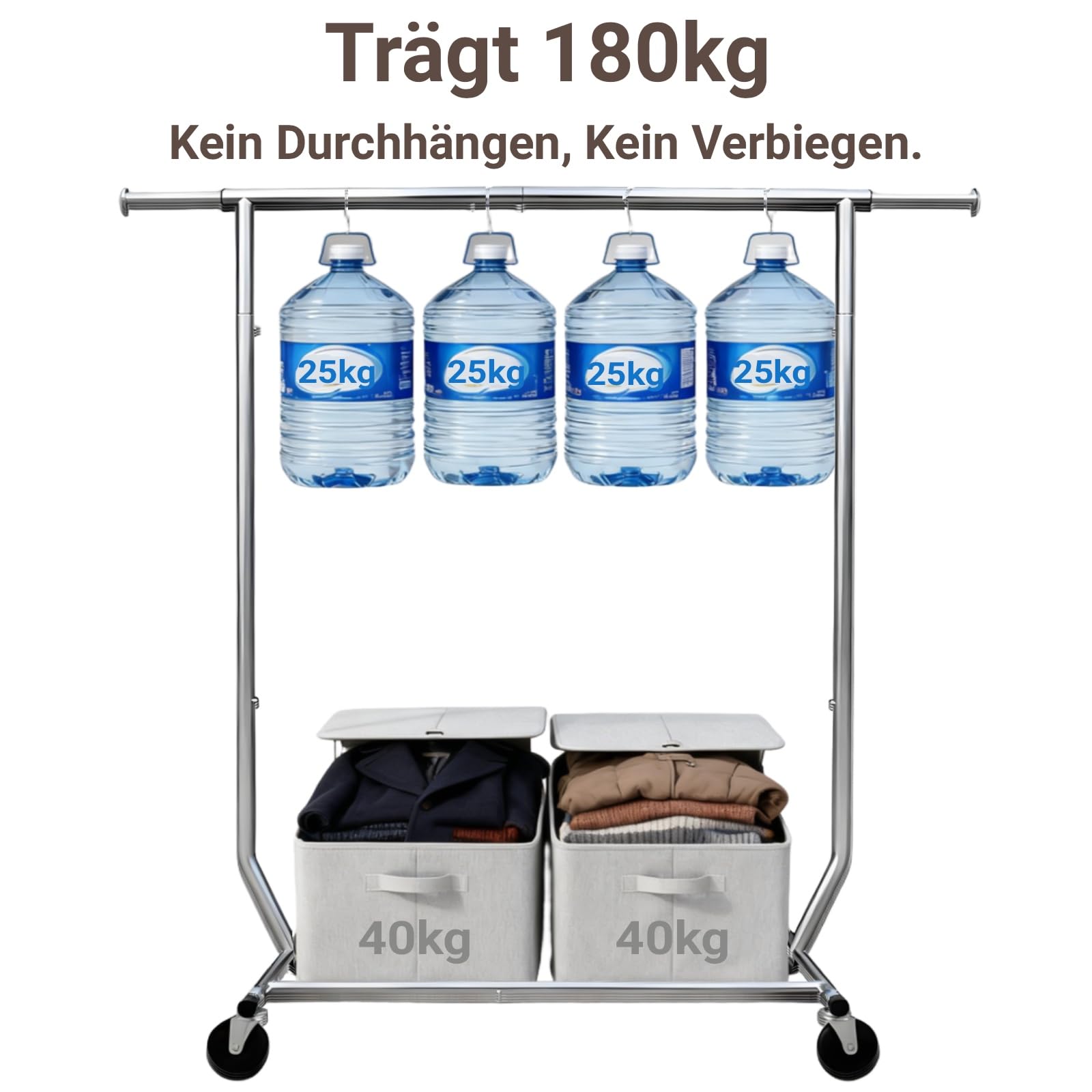 Camabel Schwerlast Garderoben-Rollständer (130-189 cm verstellbar) mit Feststellbremse, 180 kg – Stabiler Metallständer mit Edelstahlrollen für Haushalt & Gewerbe (Mobile Kleiderstange)