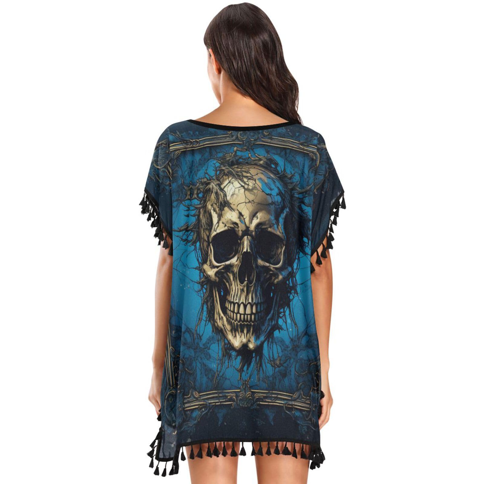 Cool Abstract Skull Art Women's Beach Cover Up Chiffon Tassel Swimwear Swimsuit Coverups for Girl
