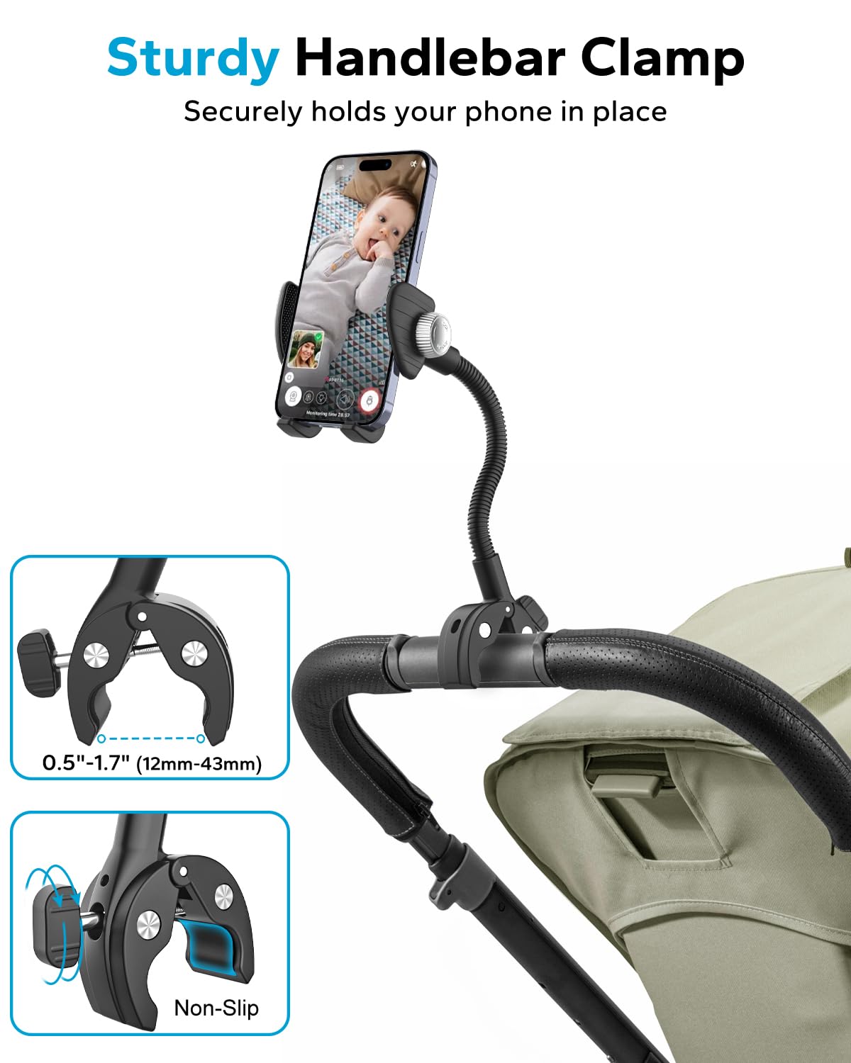 Support de téléphone pour poussette de fauteuil roulant, support de téléphone en col de cygne pour vélo, support de téléphone pour tapis de course, vélo d'appartement, compatible avec iPhone 16 Pro