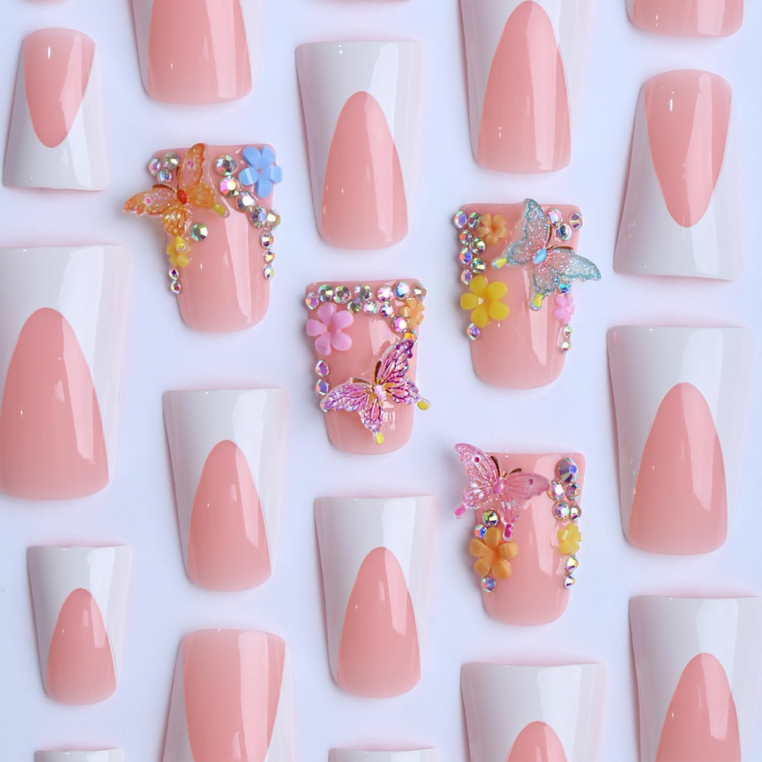 Flower Press On Nails Medium Square Gold Pearl Star Nude Pink_voghion.com