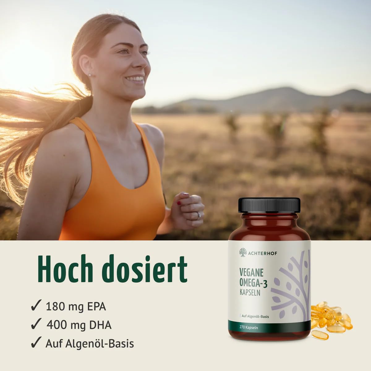 Vegane Omega-3 Kapseln | 270 Stück | Vorteilspack für 4,5 Monate | auf Basis von Algenöl mit 180 mg EPA und 400 mg DHA pro Tagesdosis | hochdosiert & bioverfügbar | Achterhof