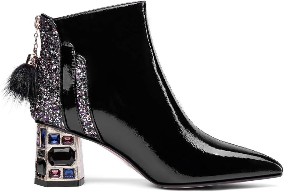 TinaCus Women's Patent Leather Handmade Crystal Mid Chunky Heel Back Zipper Pointed Toe Plus-Size Ankle Boots